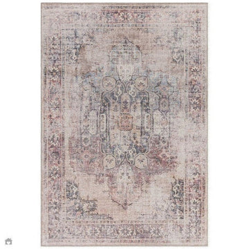 Washable Kaya Lila KY12 Traditional Persian Vintage Distressed Floral Durable Chenille Polyester Flatweave Soft Beige/Red Pink/Blue/Cream/Multicolour Rug-Asiatic Carpets-Rug Love - The Most Loved Rug Store